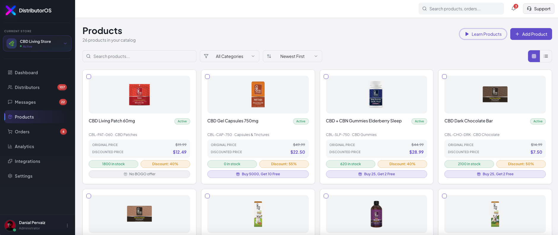 DistributorOS products tab